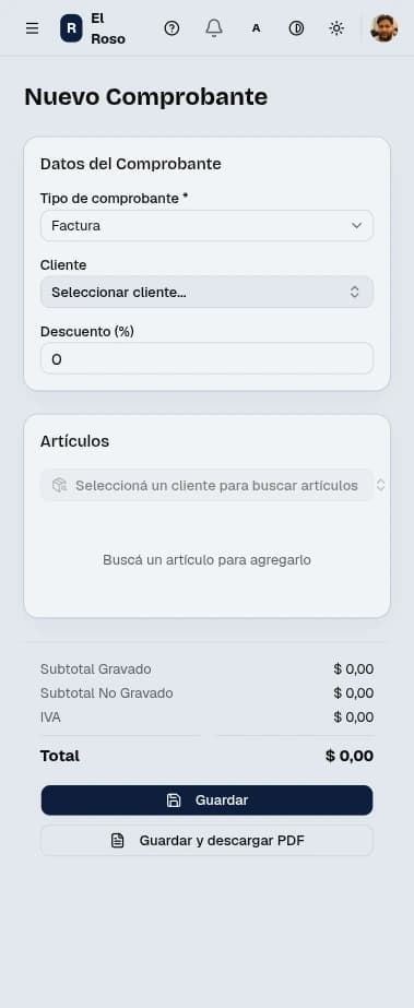 El sistema El Roso abierto en un celular, en la pantalla de carga de un comprobante nuevo